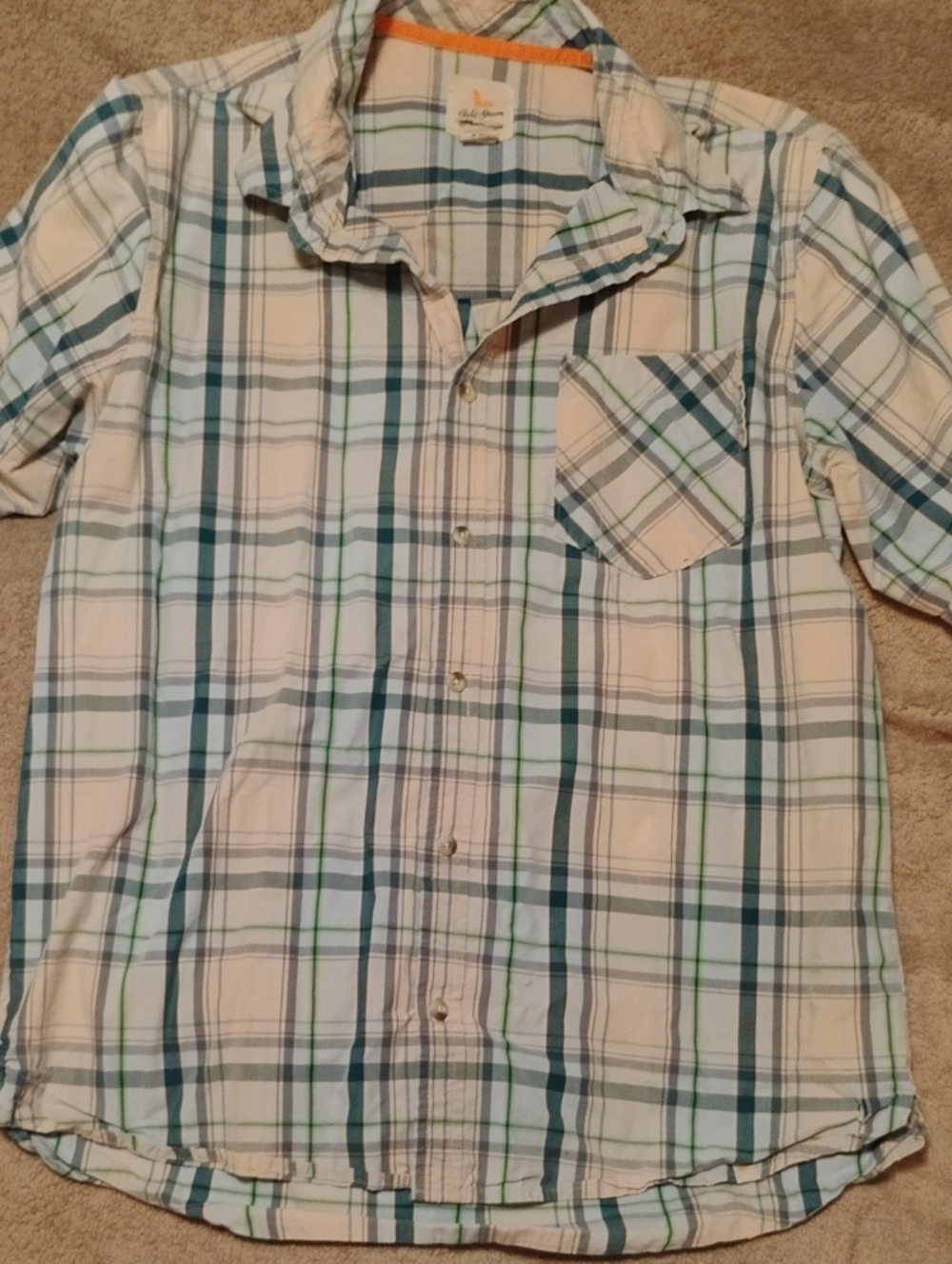Field & Stream White Plaid Button-Down Shirt with Blue & Green Stripes